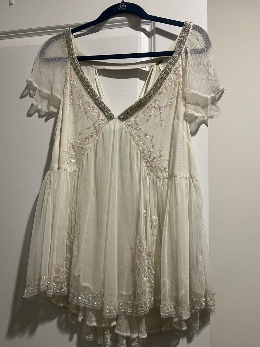 Free People Cream Beaded V-Neck Chiffon Tunic